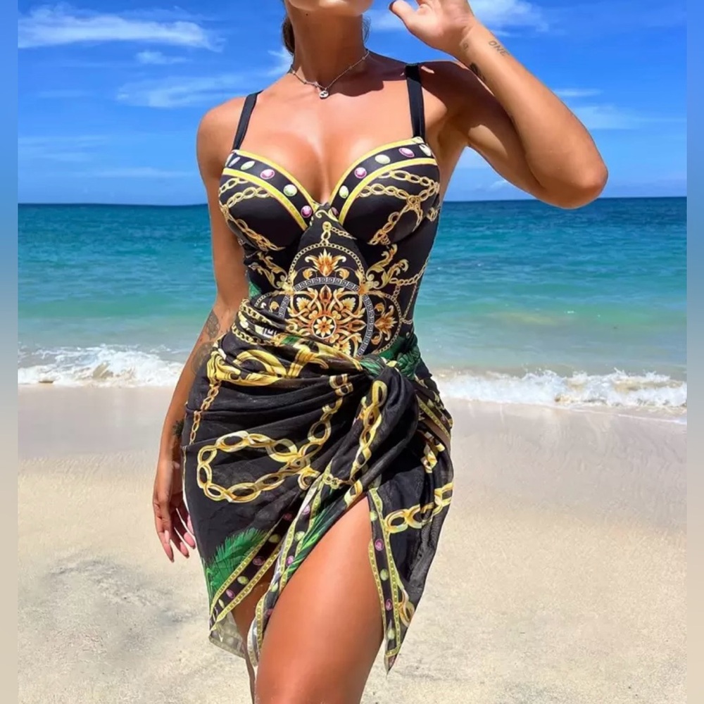 Elegant Black and Gold Women's Swim Dress